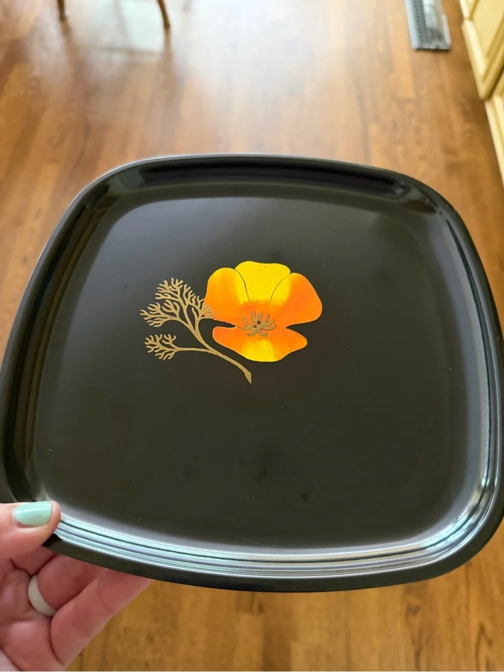 Couroc Black Square Tray with Orange Poppy Inlay